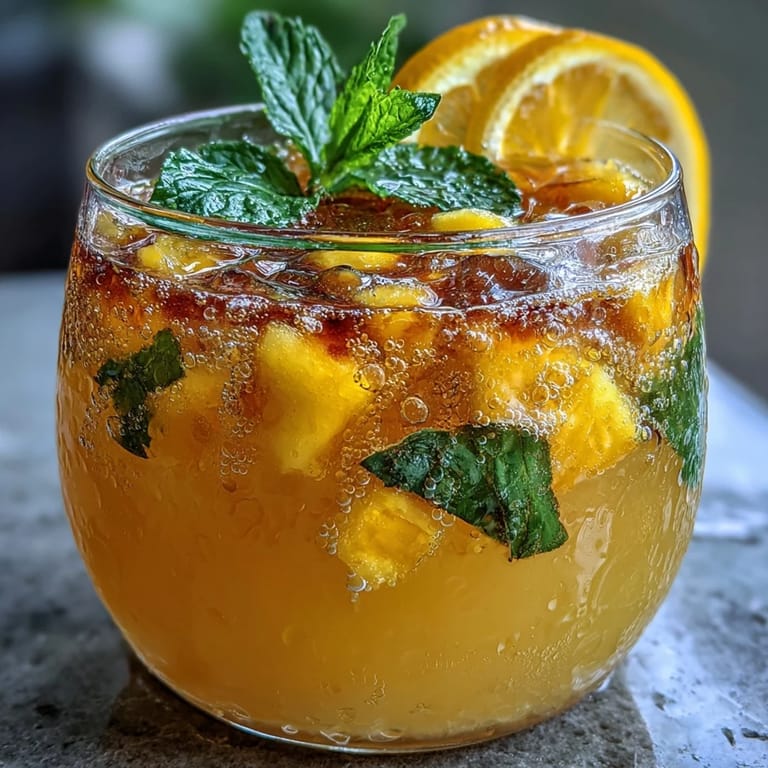 Tropical punch featuring chilled mango and pineapple juices, sparkling lemonade, and diced fruit, served over ice for a refreshing drink.