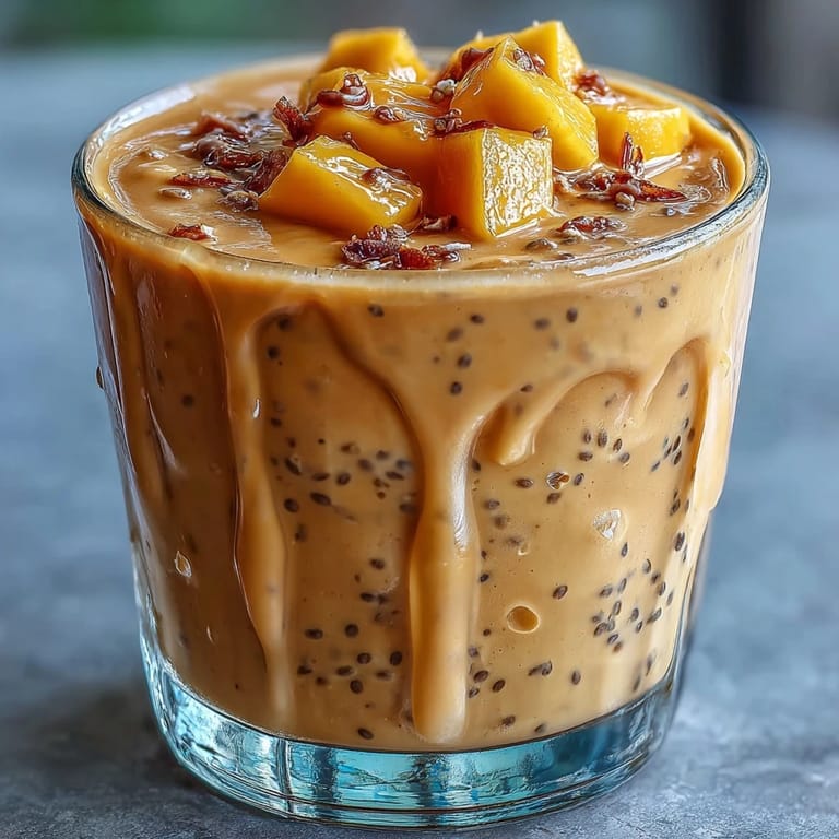 Refreshing smoothie bowl featuring ripe mango, creamy coconut milk, and healthy chia seeds.