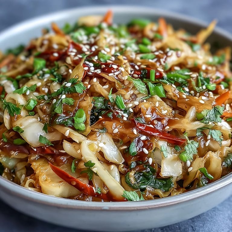 Colorful Spicy Cabbage Stir Fry featuring tender-crisp cabbage, aromatic garlic, and fresh ginger, tossed with soy sauce for a flavorful vegan side.