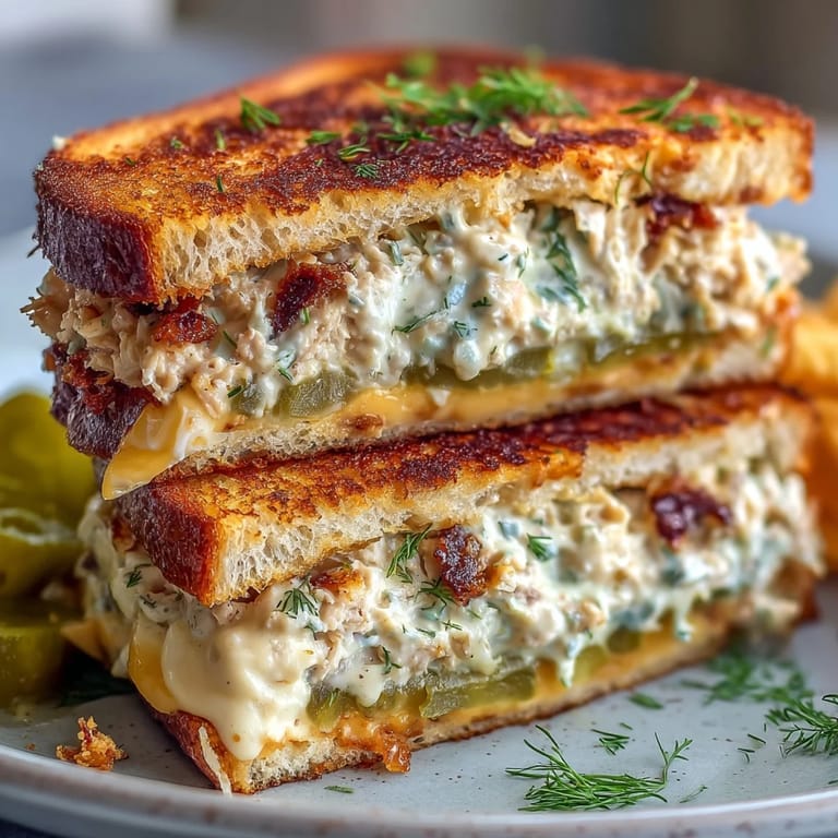 Classic Crispy Tuna Melt featuring warm tuna filling, crisp pickles, and perfectly toasted bread.