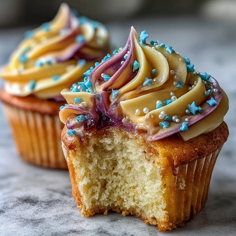 Easy Gemini Birthday Cupcakes frosted with a mesmerizing, two-toned vanilla buttercream spiral.