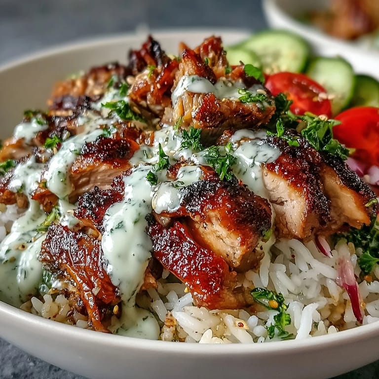 Delicious Middle Eastern Shawarma Bowl, perfect for lunch with zesty tahini drizzle.