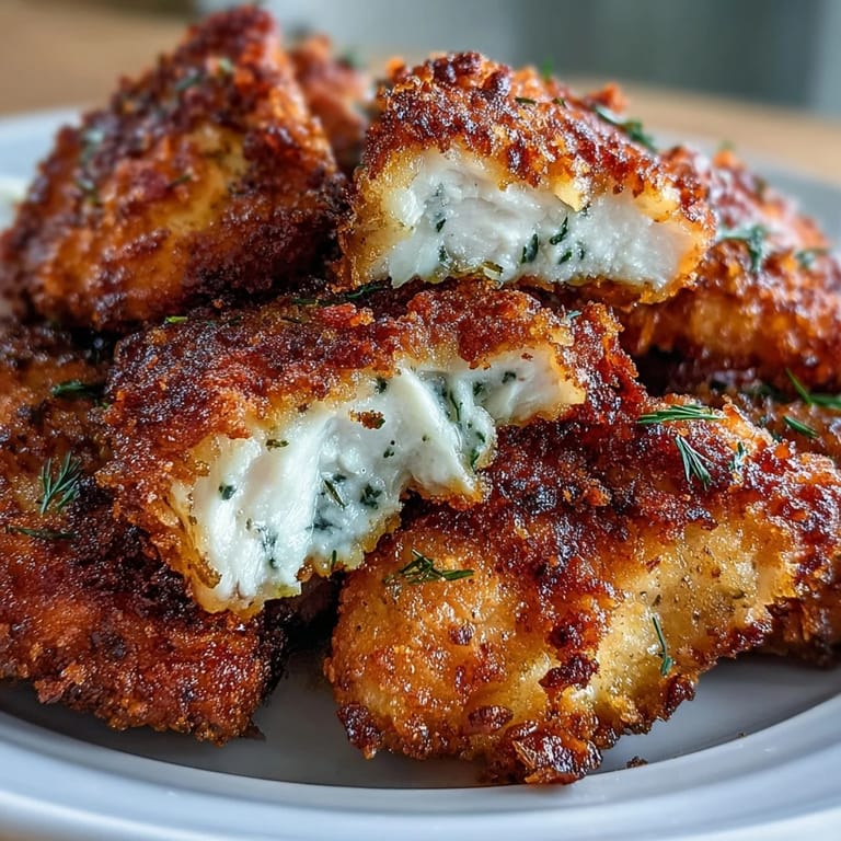 Close-up of hot, crunchy pickle brine chicken tenders fresh from fryer.