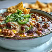 Steaming bowl of Taco Soup topped with cheese, sour cream, and fresh cilantro.