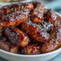 Smoky cocktail sausages glisten in sticky apricot barbecue sauce served warm from the Crock Pot BBQ Cocktail Sausage.