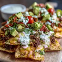 Soccer Game Day Nachos with Cheese Sauce piled high on crispy tortilla chips, topped with jalapeños, tomatoes, and fresh cilantro.  