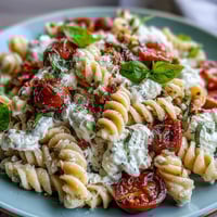 Creamy Caprese pasta with burrata, bursting cherry tomatoes, and fresh basil in a vibrant summer dish.
