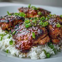 Slow cooker honey garlic chicken with rice, tender thighs in sweet sauce, served over fluffy jasmine rice.  