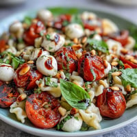 Caprese-style summer pasta salad with juicy tomatoes, fresh mozzarella, and fragrant basil in a vibrant, colorful dish.