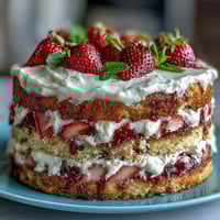 Naked Spring Cake with Strawberries and Cream, a light sponge layered with fresh strawberries and fluffy whipped cream.