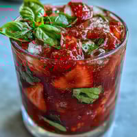 A refreshing strawberry basil mocktail with muddled berries, fresh basil, and sparkling water in a clear glass.