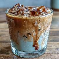 A creamy iced espresso drink sweetened with brown sugar syrup and topped with frothy oat milk, perfect for a refreshing vegan coffee break.