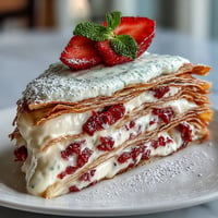 Layered Mother's Day crêpe cake with delicate crêpes and creamy strawberry mascarpone filling, garnished with fresh berries and mint.