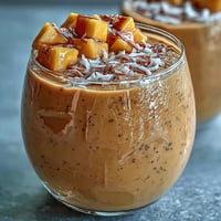 Creamy mango coconut chia smoothie with vibrant tropical flavors, perfect for refreshment.