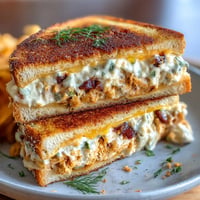 Crispy Tuna Melt sandwich with golden buttered bread, melted cheddar, and tangy pickles.