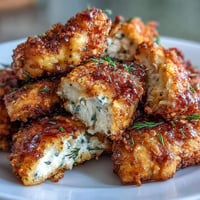 Golden brown pickle brine chicken tenders coated in a crispy breading.